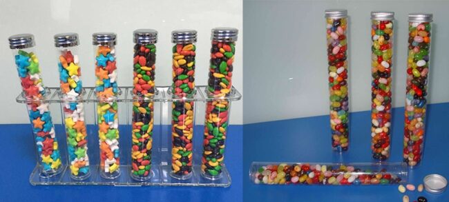 Custom small clear plastic tube packaging with metal lid for candy