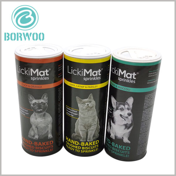 custom cardboard cylinder tubes for pet food packaging.The printed content and unique design of the paper tube packaging reflect the difference and attractiveness of the product.